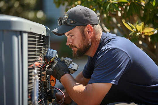 Technician working on air conditioning outdoor unit on hot sunny day. HVAC worker professional occupation.