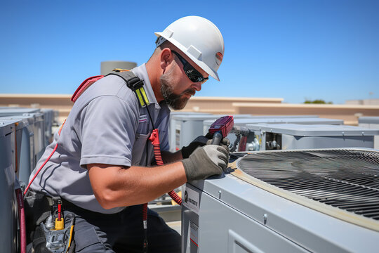 Technician working on air conditioning outdoor unit on hot sunny day. HVAC worker professional occupation.