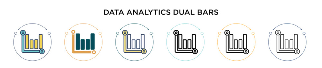 Obraz premium Data analytics dual bars icon in filled, thin line, outline and stroke style. Vector illustration of two colored and black data analytics dual bars vector icons designs can be used for mobile, ui, web