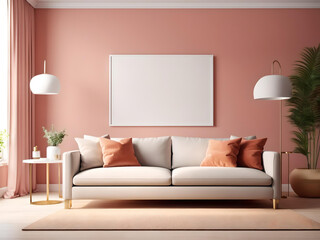 Blank horizontal poster frame mock up in living room interior, modern living room interior background, Generative AI
