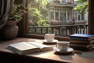 Hot tea in white mug on vintage wooden table by window. Rustic, calm morning ambiance. Concept of cozy home comfort.
