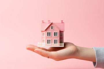 Fototapeta na wymiar Hand holding house model isolated on pastel background with copy space, house finance and insurance concept