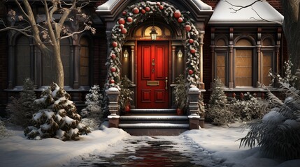 Generative AI, Front door with Christmas decoration, wreath and garland. Red and grey colors