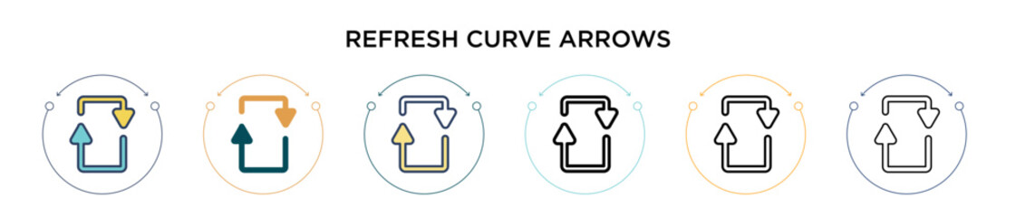 Refresh curve arrows icon in filled, thin line, outline and stroke style. Vector illustration of two colored and black refresh curve arrows vector icons designs can be used for mobile, ui, web