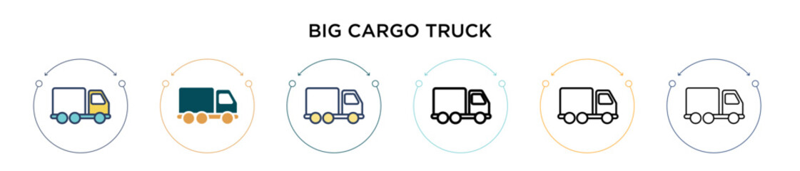 Big cargo truck icon in filled, thin line, outline and stroke style. Vector illustration of two colored and black big cargo truck vector icons designs can be used for mobile, ui, web
