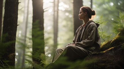 Young woman relaxing in the forest, tranquility, mindfulness, nature therapy, mental health, nature’s healing, self-care