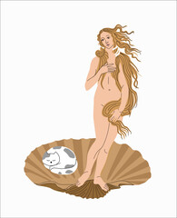 Venus vector illustration. A woman is standing on a shell. Italian painting. Print for clothes. Creative print on a T-shirt. vector drawing. Woman and cat. Cats in art. Animal protection. © YuHusar