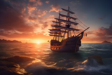 ship in the sunset made by midjeorney - obrazy, fototapety, plakaty