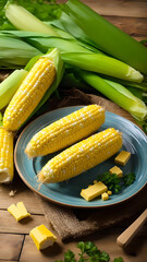 Boiled corn cob in a plate with butter on wooden textures and green stalks of corn tasty homemade food for a picnic, Generative AI