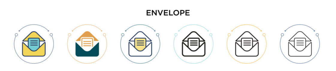 Envelope icon in filled, thin line, outline and stroke style. Vector illustration of two colored and black envelope vector icons designs can be used for mobile, ui, web