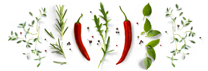 fresh mediterranean herb and spices with real transparent shadow isolated on transparent background. PNG Food background design element