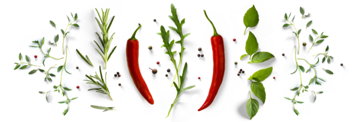 Foto auf Acrylglas Scharfe Chili-pfeffer fresh mediterranean herb and spices with real transparent shadow isolated on transparent background. PNG Food background design element