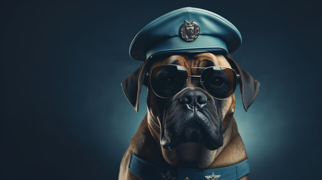 Bullmastiff look like as a security officer or cop, wearing police hat, and sunglasses. Guarding dog concept. Wide banner copy space.