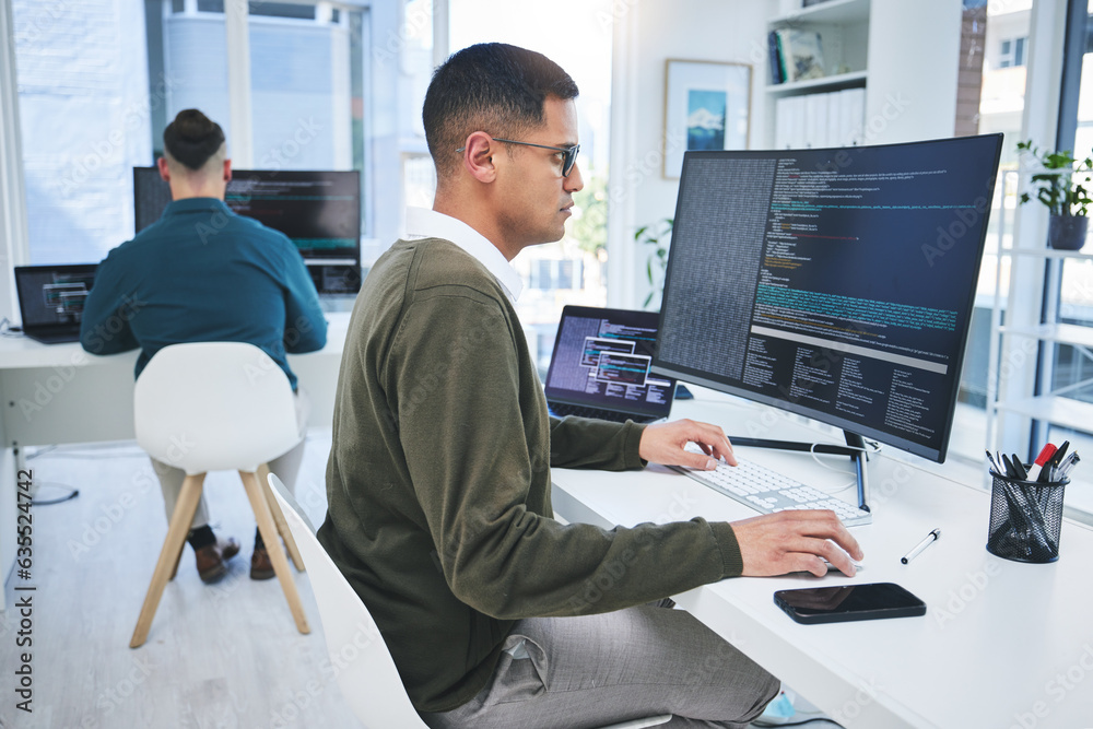 Poster Programming, software developer and a man at computer for coding, script or cyber security in office. IT technician person or programmer with technology for development, future or data analytics