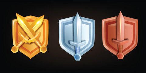 3D game badge shield vector set, UI level up medieval rank sword, golden silver bronze knight weapon. Achievement RPG fantasy award kit, rating progress winner reward icon. Game badge prize iron blade - obrazy, fototapety, plakaty