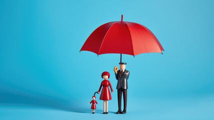 Plastic figures in the form of a family protected by a red umbrella. Insurance concept. Created with Generative AI technology.
