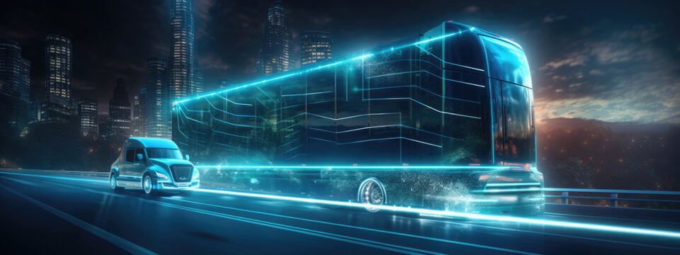 Futuristic truck with neon lights on night road.Created with Generative AI technology.