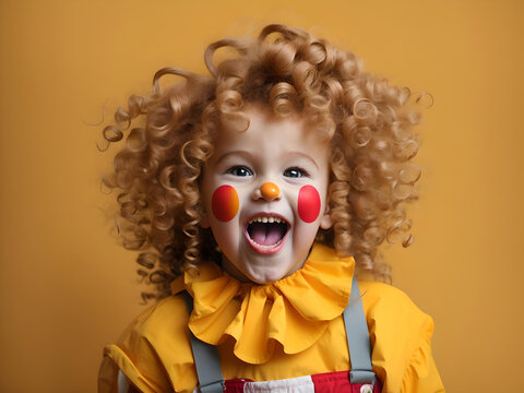  Cheerful screaming curly child in clown makeup on yellow background, Generative AI