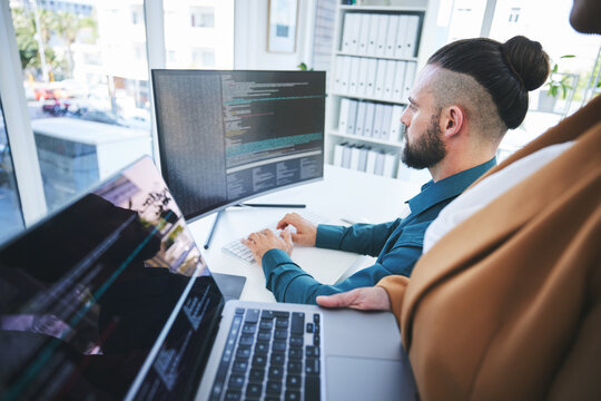 Coaching, manager and employee with computer screen, programming and code with trading, investment and training. Mentor, supervisor or worker with pc, coding or cyber security with programmer or data