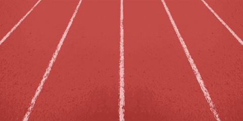 Perspective view of the red rubber surface of the running track. Receding into the distance white dividers of running ways. Vector illustration of sports background with texture