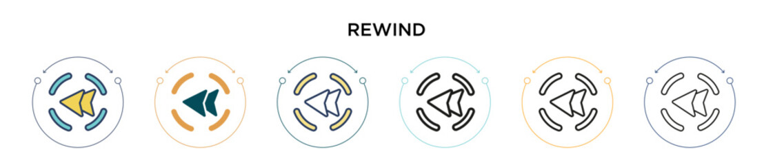 Rewind symbol icon in filled, thin line, outline and stroke style. Vector illustration of two colored and black rewind symbol vector icons designs can be used for mobile, ui, web
