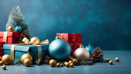 Christmas and New Year festive greeting card. Xmas tree balls and gift boxes on blue background.Still life Winter holiday composition, Empty Copy space, Generative AI