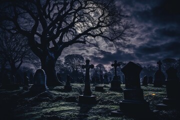 A chilling and eerie moonlit graveyard. Generative AI