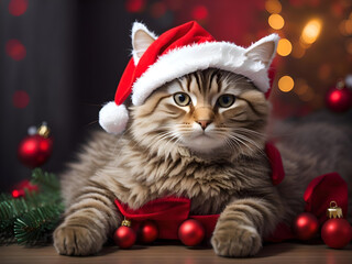 Obraz na płótnie Canvas Christmas cat in a red santa claus hat, new year, greeting card, banner, Generative AI