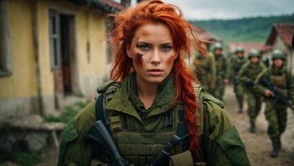 A woman with vibrant red hair dressed in a military uniform - obrazy, fototapety, plakaty