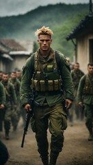 Obraz premium A man walking down a dirt road with a gun