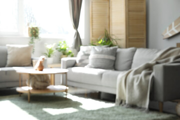 Interior of light living room with sofas, table and houseplants