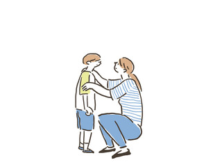 しゃがんで子供の顔をみるお母さん（女性）