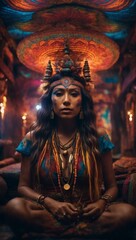 Fototapeta premium A woman with a beautiful headdress sitting in the center of a room