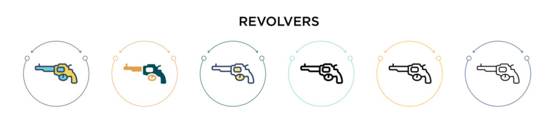 Revolvers icon in filled, thin line, outline and stroke style. Vector illustration of two colored and black revolvers vector icons designs can be used for mobile, ui, web