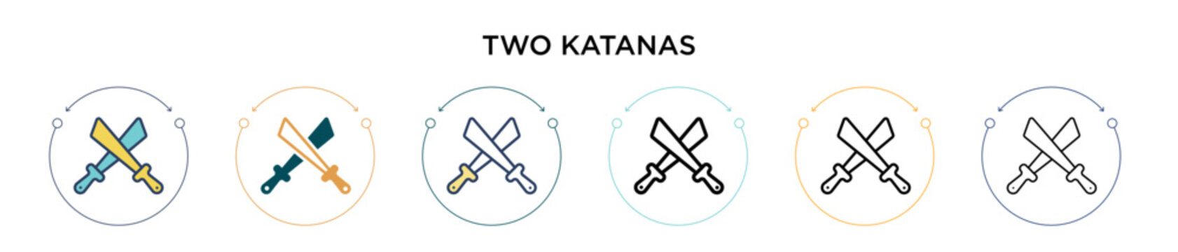 Two katanas icon in filled, thin line, outline and stroke style. Vector illustration of two colored and black two katanas vector icons designs can be used for mobile, ui, web