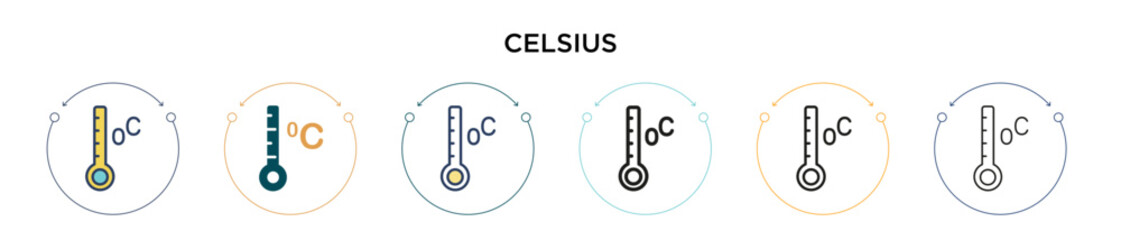 Celsius icon in filled, thin line, outline and stroke style. Vector illustration of two colored and black celsius vector icons designs can be used for mobile, ui, web