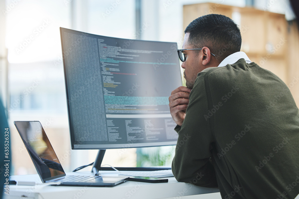 Poster Man, computer screen and thinking of coding, programming or software development and online solution. Programmer or developer reading html script, website problem solving or cybersecurity on monitor