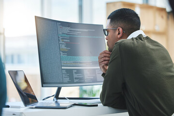 Man, computer screen and thinking of coding, programming or software development and online...