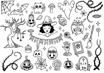 Obraz premium Set of hand drawn Halloween elements. Outline vector designs.