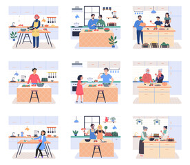 Smiling people cooking on kitchen table. Set of various cartoon man, woman, family preparing food. Fresh vegetables. Cook healthy food at home. People cookink vegetarian food. Vector illustration