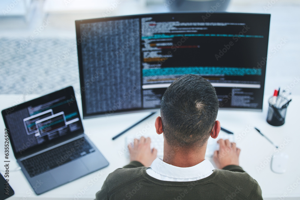 Poster Programmer, computer and developer man for coding, software script or cyber security. Behind technician person with technology, dashboard and laptop for programming, future and data analytics