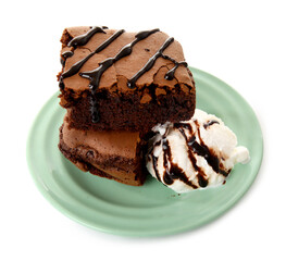 Plate with pieces of tasty chocolate brownie and ice cream on white background