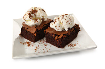 Plate with pieces of tasty chocolate brownie and ice cream on white background