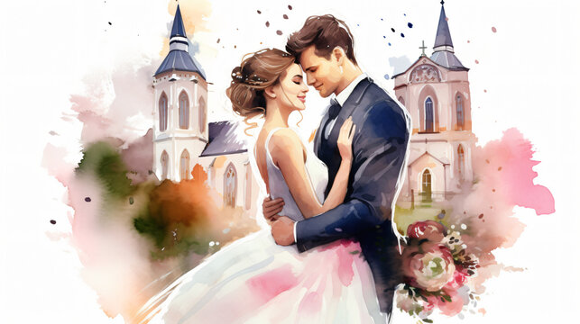Watercolor depiction of a groom and bride stands in front of a Catholic church