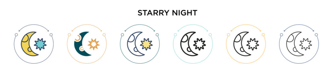 Starry night icon in filled, thin line, outline and stroke style. Vector illustration of two colored and black starry night vector icons designs can be used for mobile, ui, web