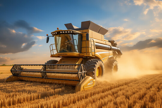 Harvester working on a field of golden wheat - agriculture concept.