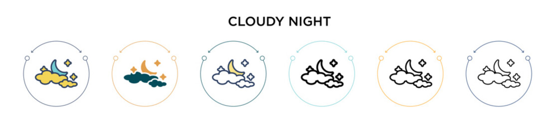 Cloudy night icon in filled, thin line, outline and stroke style. Vector illustration of two colored and black cloudy night vector icons designs can be used for mobile, ui, web