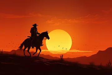 Keuken foto achterwand Cowboy riding a horse into sunset, only silhouette visible against orange sky. Wide banner with space for text. © arhendrix