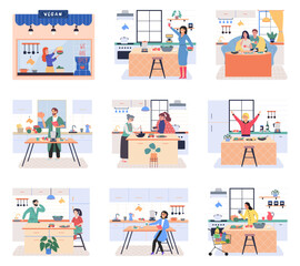 Naklejka premium People cooking vegetarian food. Vector illustration. People cooking at home, happy couple kitchen. Home cooking room with wooden dining table. Home kitchen cooking, Man and woman preparation breakfast