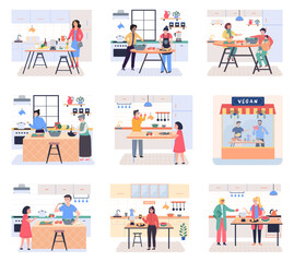 People cooking vegetarian food. Vector illustration. Chef cooks preparing food cook hands on the kitchen table. Set with people who cook and utensils. Food and cooking banner. Cooking vegatable